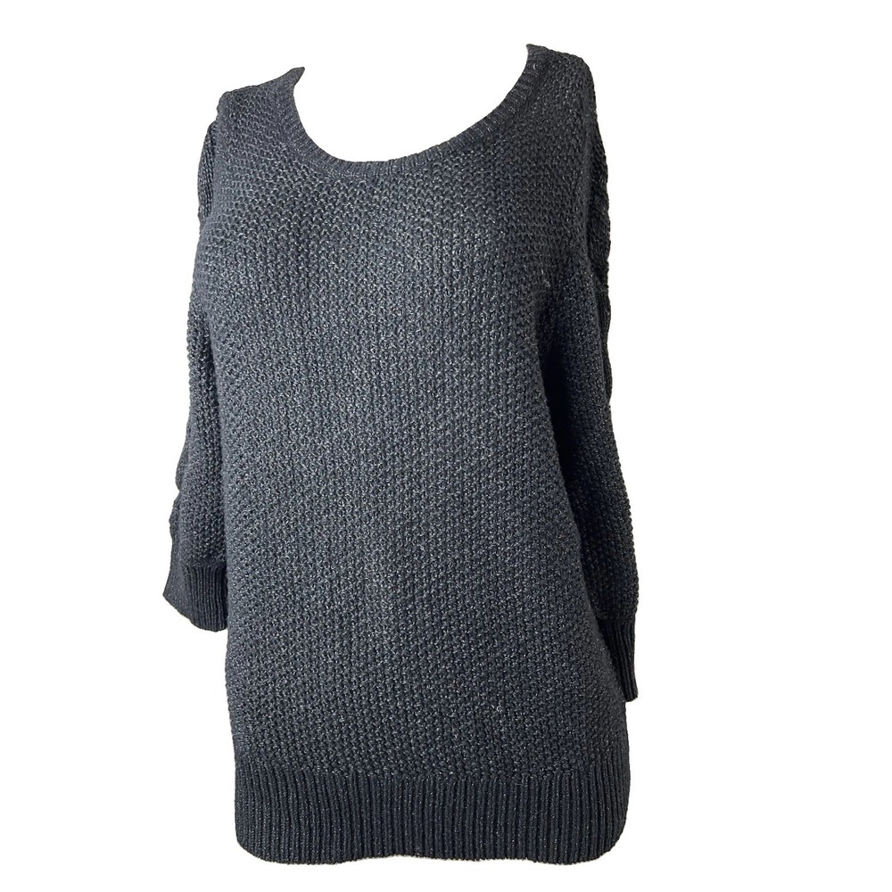 ANN TAYLOR WOMEN'S BLACK Metallic Thread Scoop Neck 3/4 Sleeve SWEATER SIZE L